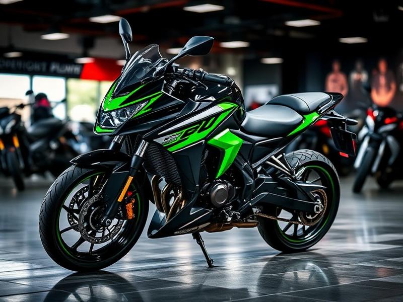 Sport motorcycle on a powersports dealership showroom floor